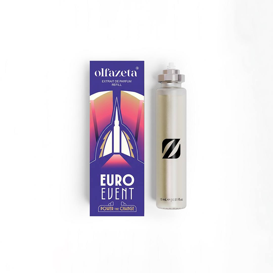 Fialová krabička Olfazeta EuroEvent s barevnou ilustrací a náplní Extrait de Parfum 15 mL