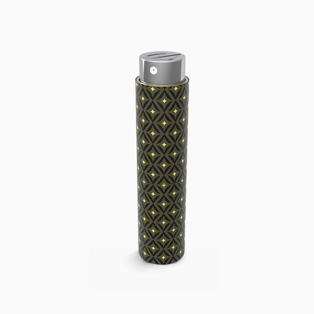 Étui de poche Olfazeta by Chogan à motif étoilé noir et doré, capuchon chromé, sur fond blanc