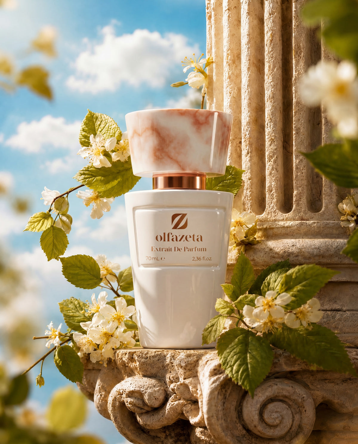 Flacon blanc Olfazeta by Chogan Millésime N°25 sur un chapiteau de colonne, fleurs de jasmin et ciel bleu