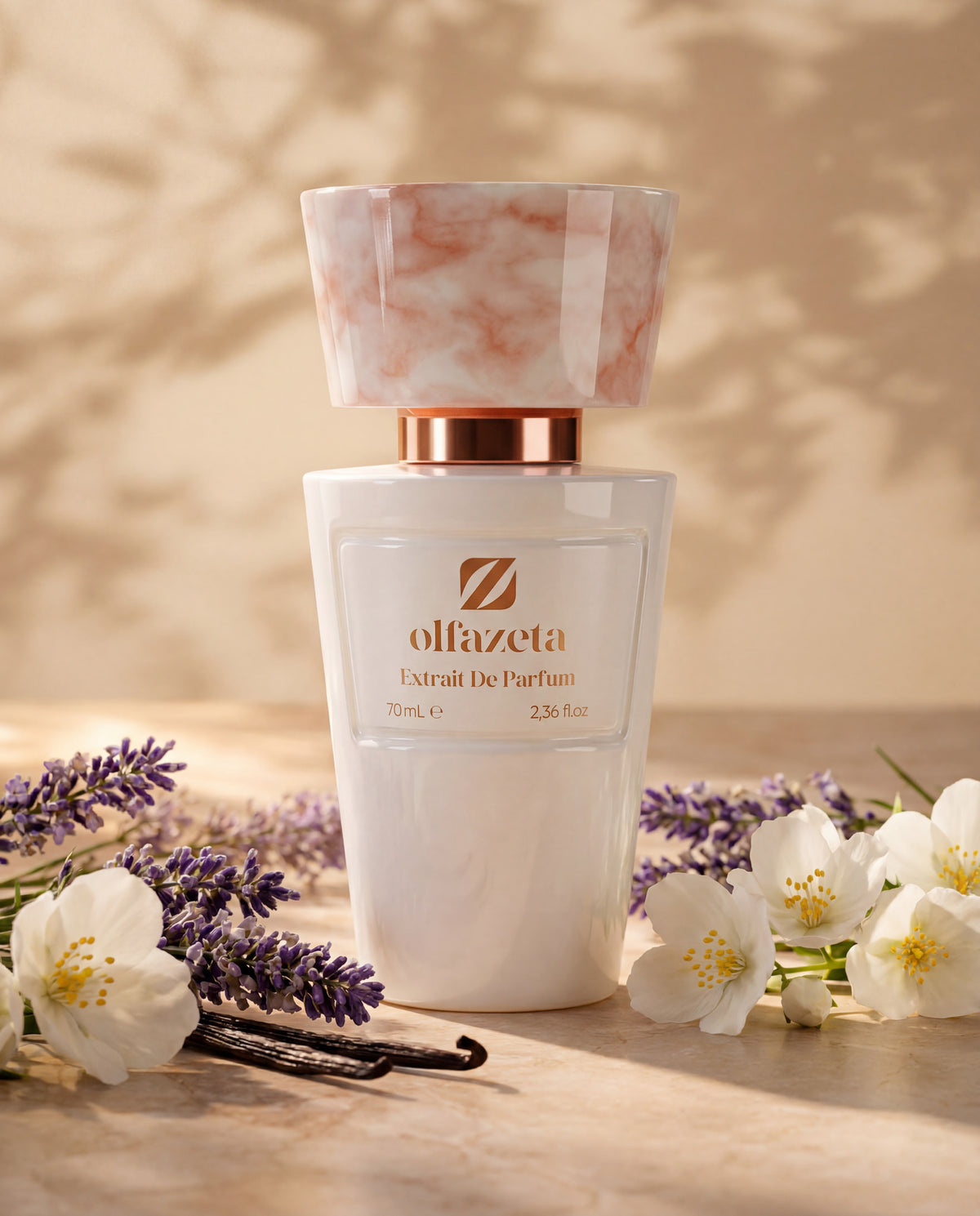 Flacon blanc Olfazeta by Chogan Millésime N°120 avec lavande, fleurs de jasmin blanc et gousses de vanille