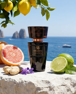 Flacon noir Olfazeta by Chogan Millésime N°02 avec pamplemousse, citron vert et gingembre en bord de mer