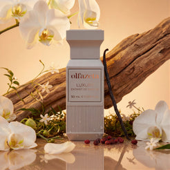 Flacon gris clair Olfazeta by Chogan Luxury N°101 parmi orchidées blanches, bois flotté et gousse de vanille