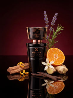 Black Olfazeta by Chogan Millésime N°157 bottle with lavender, sliced orange, ginger and sandalwood