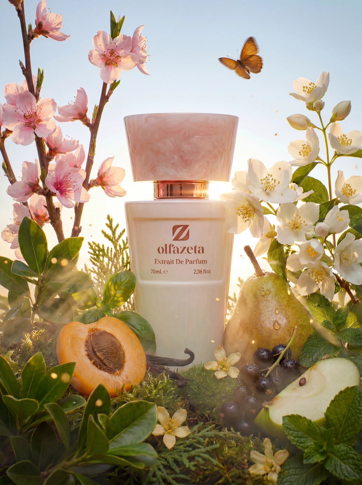 Růžový flakon Olfazeta by Chogan Millésime N°159 s nakrájenou meruňkou, hruškou, bílým jasmínem a motýlem na slunci