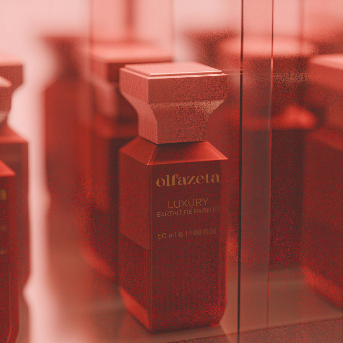 Red bottle Olfazeta by Chogan Luxury N°146, Extrait de Parfum 50 ml in close-up in a muted red setting