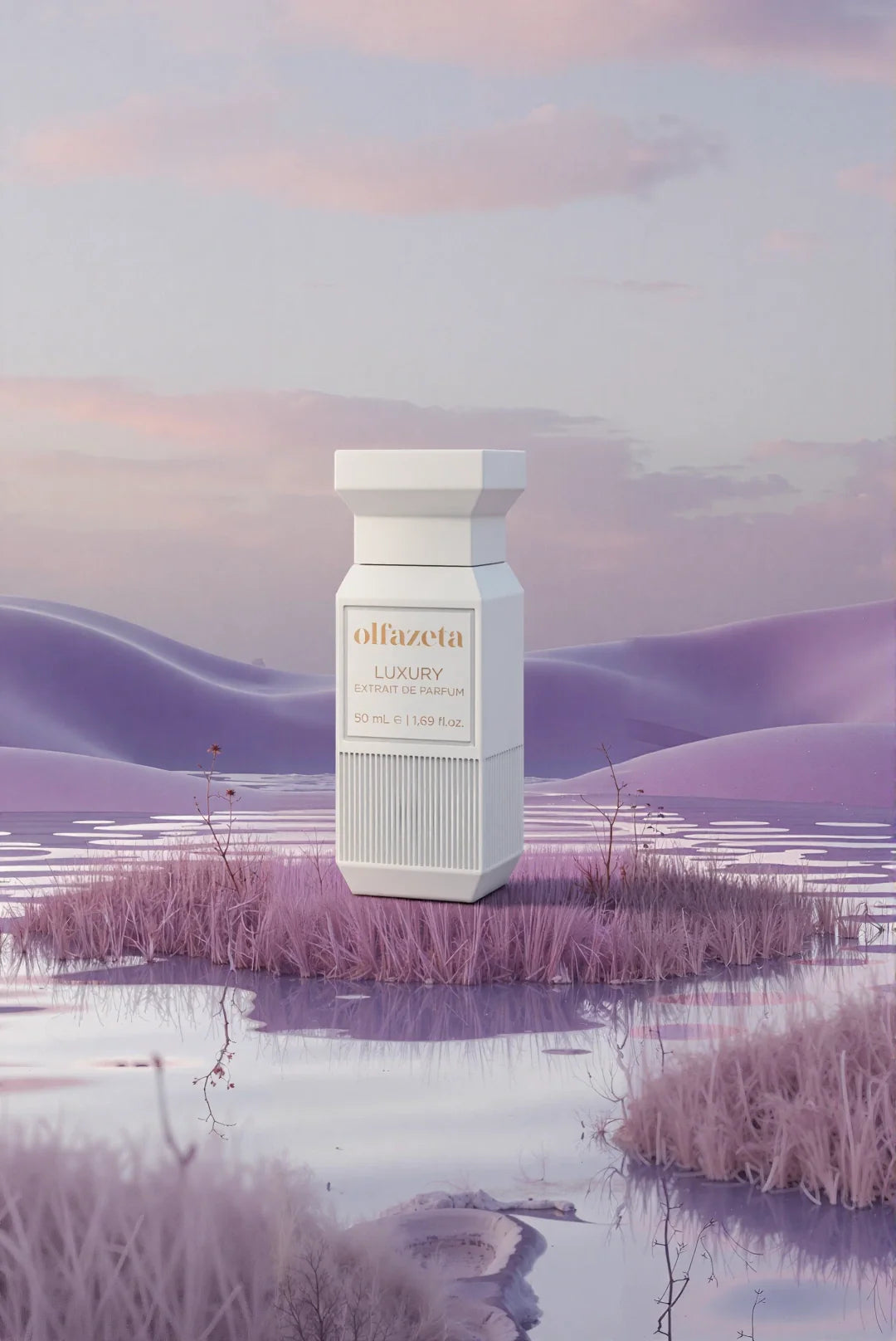 Flacon blanc Olfazeta by Chogan Luxury N°139 sur un îlot herbeux dans un marais mauve au crépuscule
